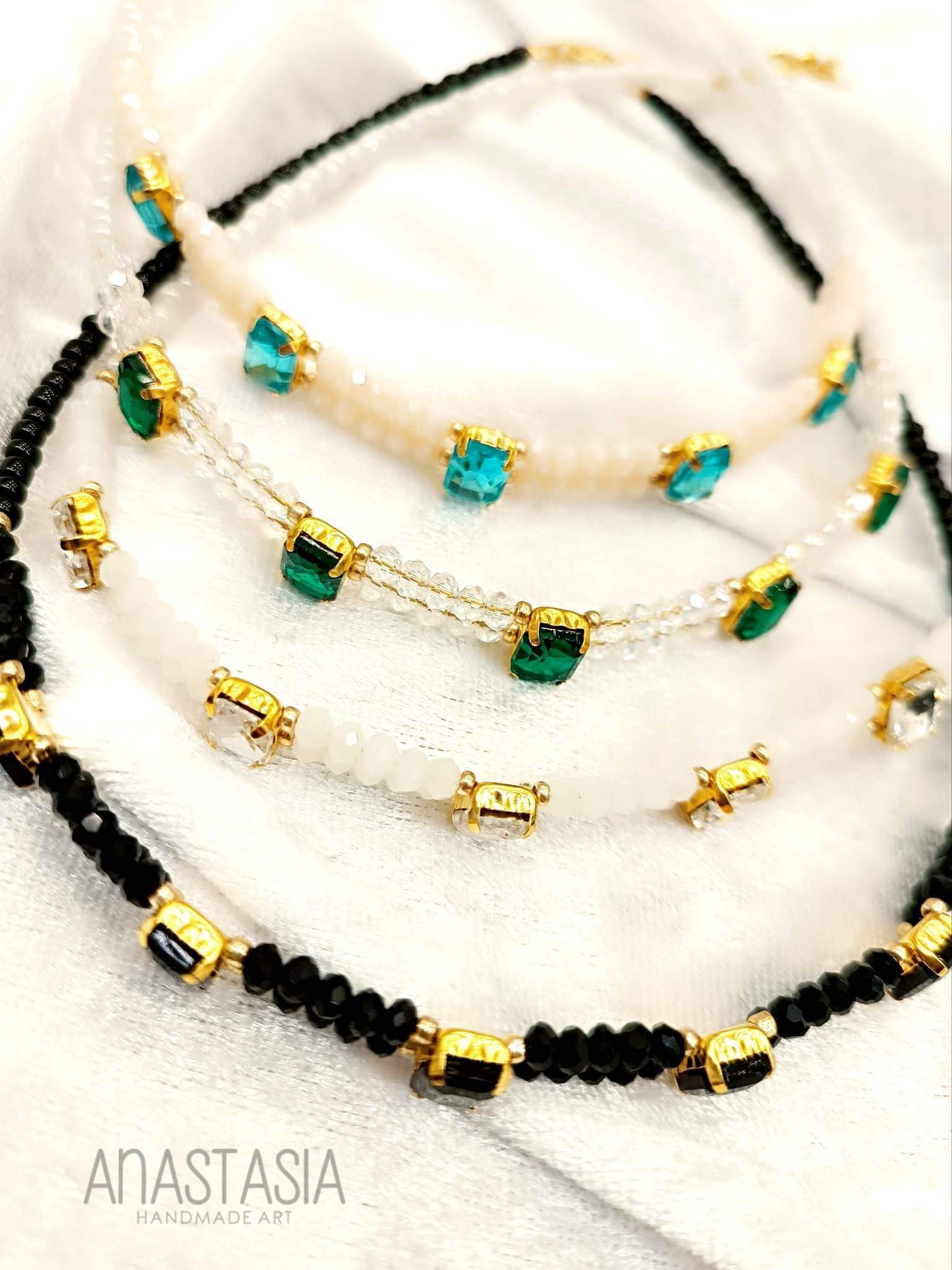 Necklace with beads and crystal stone charm