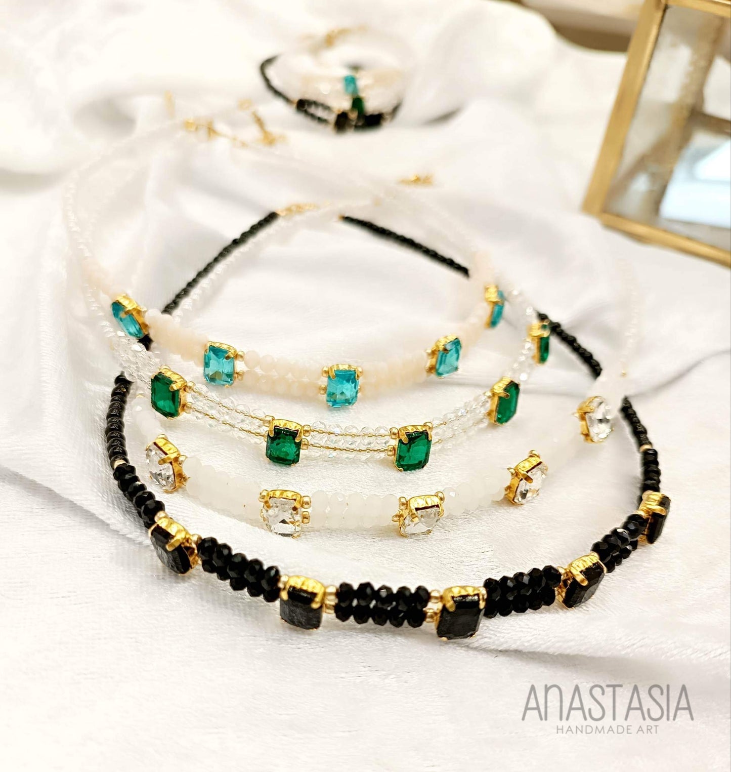 Necklace with beads and crystal stone charm